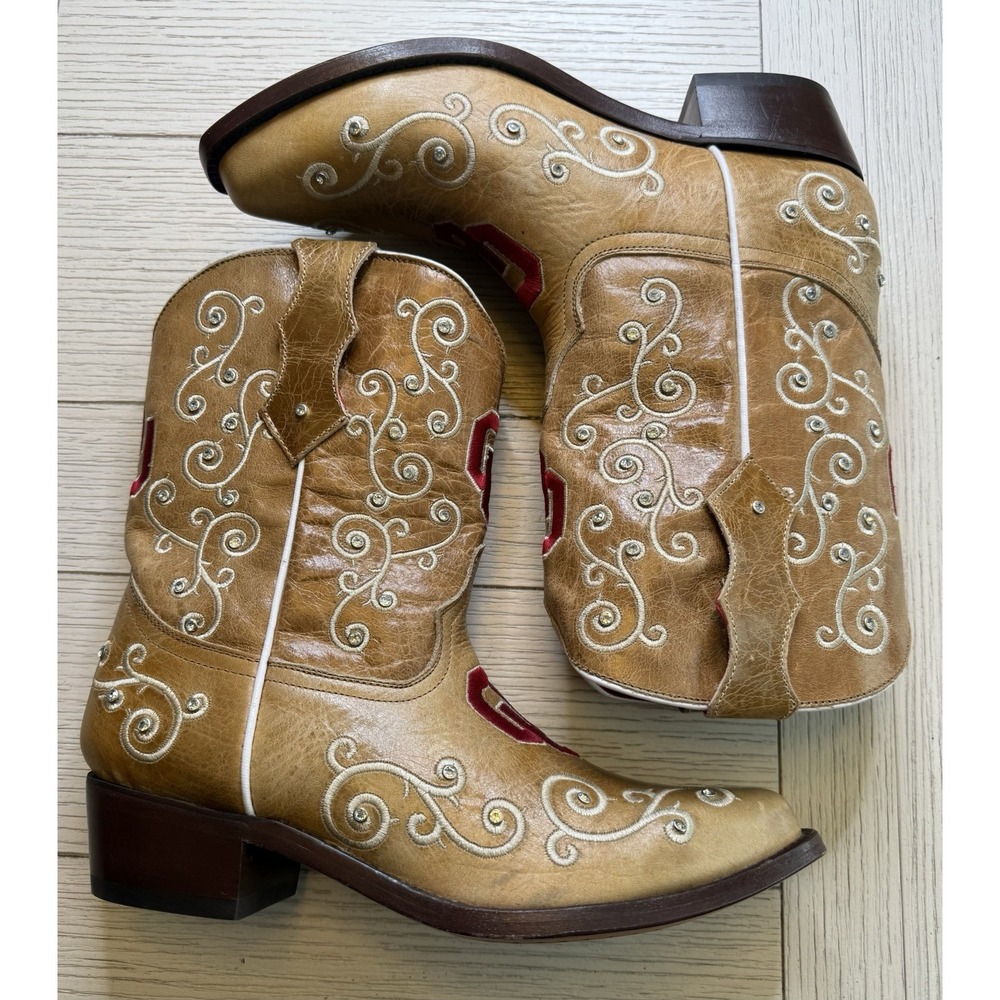 NCAA Vaccari OU Oklahoma Sooners Women 10 Midcalf Leather NWT Cowboy Boots Rare - Picture 11 of 12